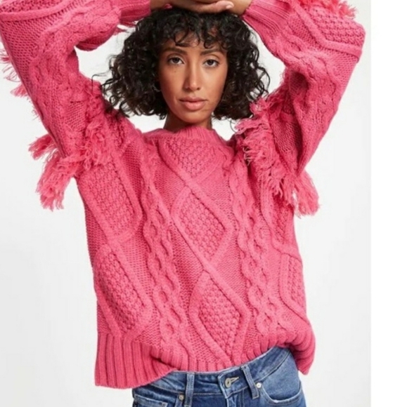 Vici Sun Goes Down Cable Knit Fringe Magenta Pink Pullover Sweater NEW - Picture 3 of 6